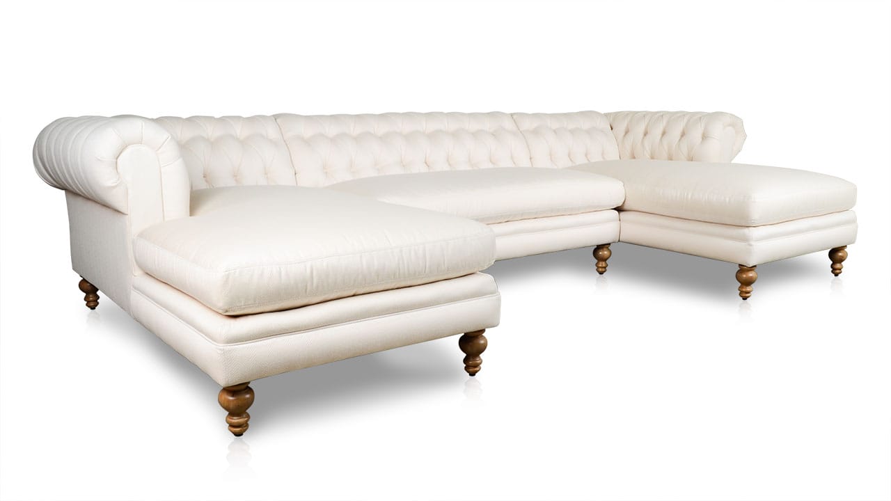 Classic Chesterfield Double Chaise Fabric Sectional 133 X 42 Sunbrella Posh Salt 