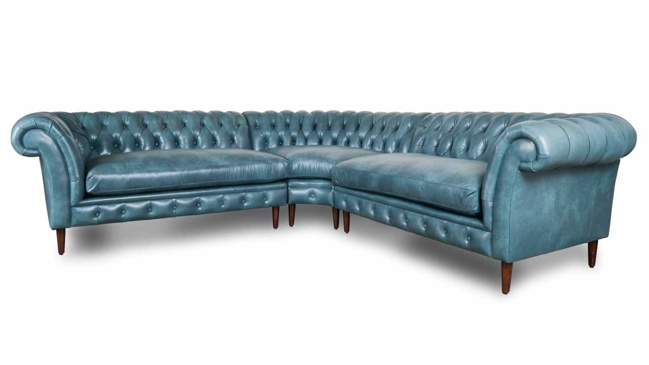 English Chesterfield Radius Corner Leather Sectional 107 x 107 Revelation Azure