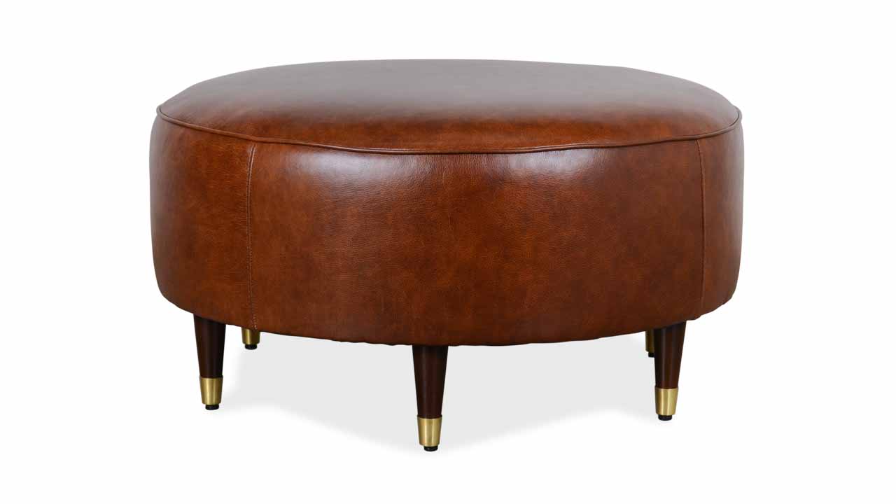 Garner Round Leather Ottoman in Brown